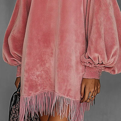 Women's Pink Retro Velvet Stand Collar Fringe Dress