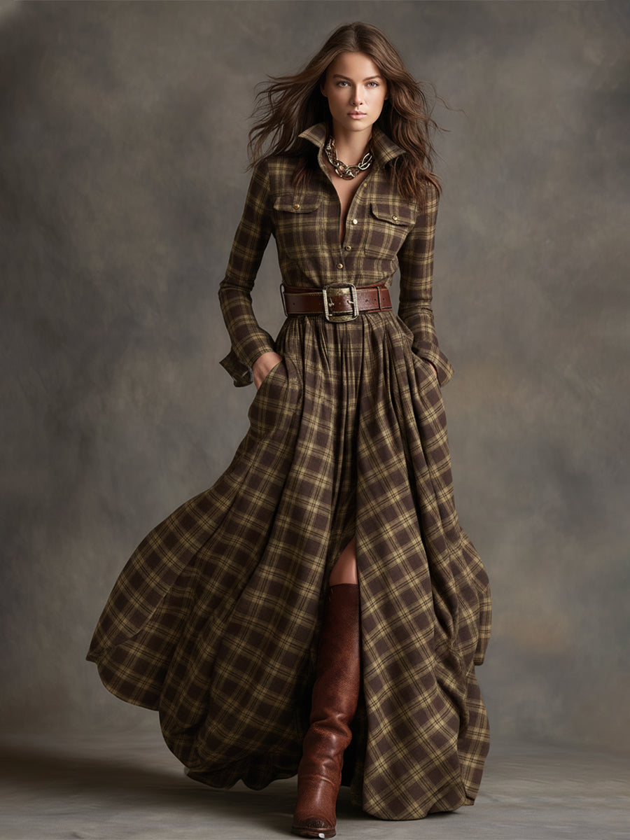 retro-ethnic-style-lapel-reddish-brown-plaid-maxi-dress - Oyrosy
