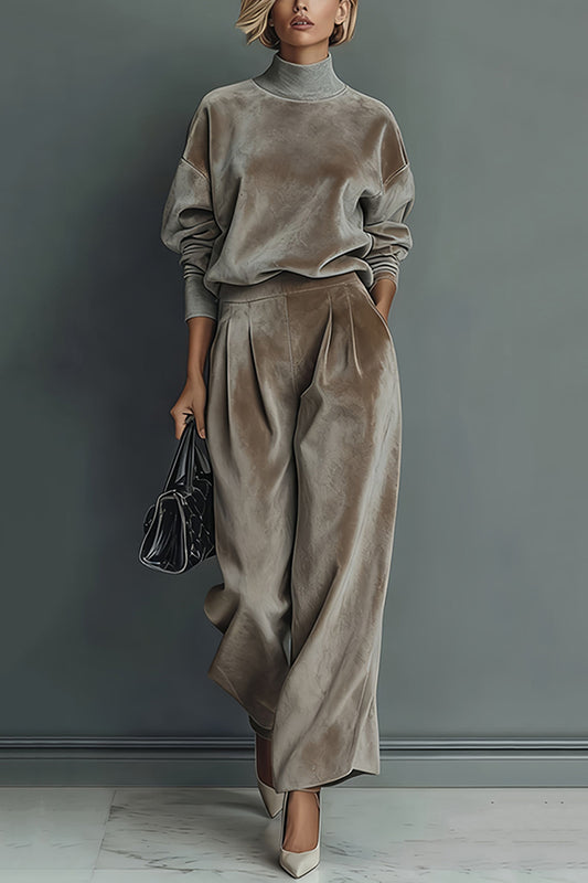 Stylish Velvet Turtleneck Long-sleeved Top and Casual Pocket Wide-leg Pants Set