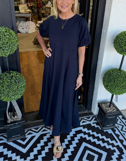 🔥Women's Solid Color Puff Sleeve Round Neck Long Dress（Buy 2 Free Shipping）