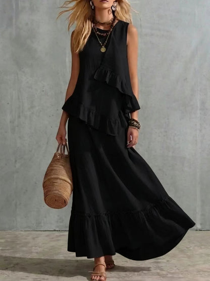 Asymmetrical Ruffle Sleeveless Textured Maxi Dress, Flowy Loose Summer Resort Long Dress