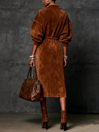Urban Plain Suede Zipper  Midi Dress
