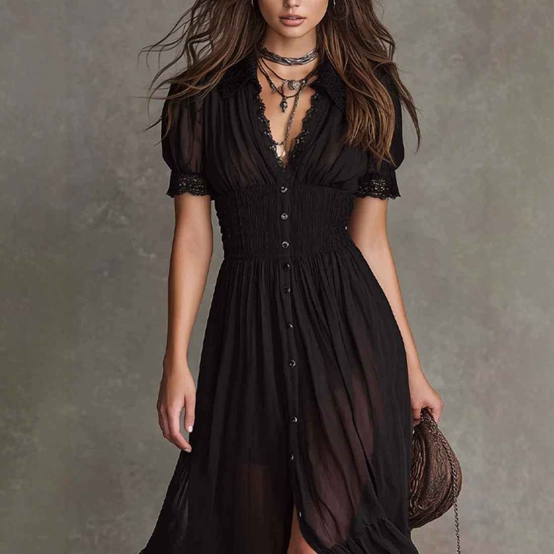 Fitted-waist Ruffled-edge Chic Dark-style V-neck Blouse And Slit Maxi Skirt