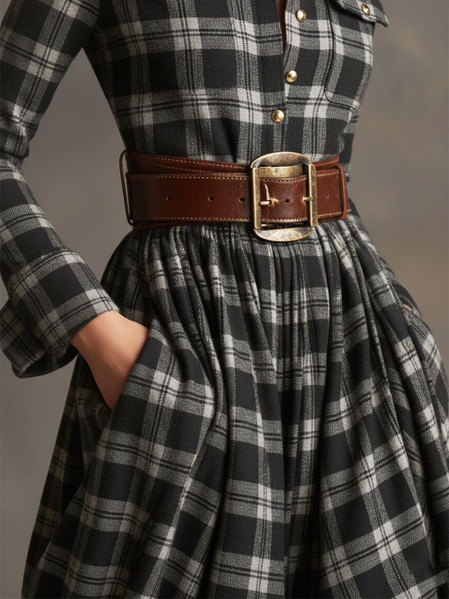 retro-ethnic-style-lapel-reddish-brown-plaid-maxi-dress - Oyrosy