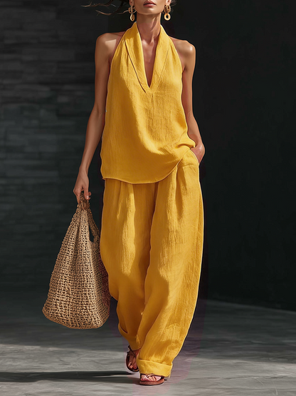 Casual Urban Style White Linen V-neck Sleeveless Top And Wide Leg Pants Set