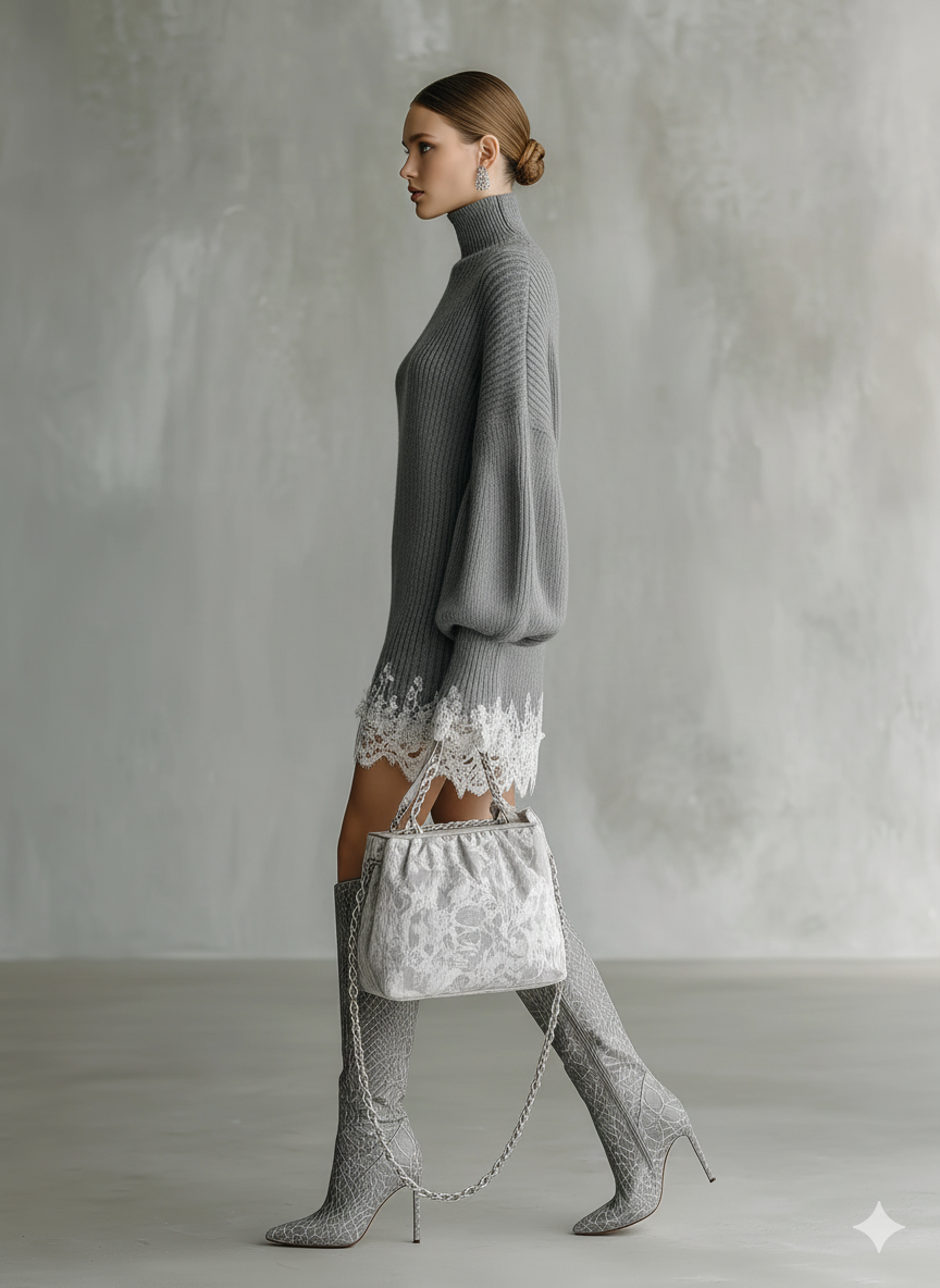 Lace Trim Turtleneck Cashmere Sweater Dress