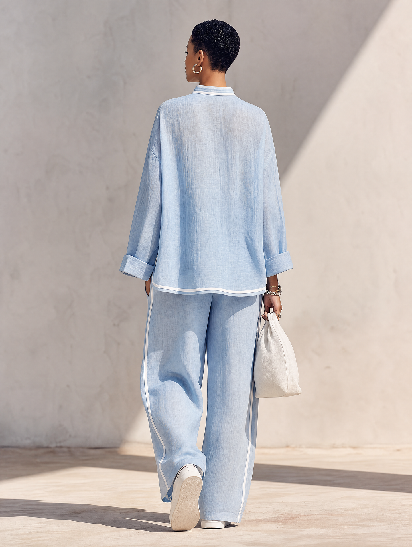 Women's Light‑Blue Linen Fabric Stand‑Collar Half‑Zip Oversized Top & Wide‑Leg Pants Set MDZ1594G5ZRK