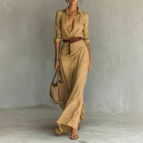 Elegant Ruched Belted Long Sleeve Asymmetric Maxi Dress - Faire