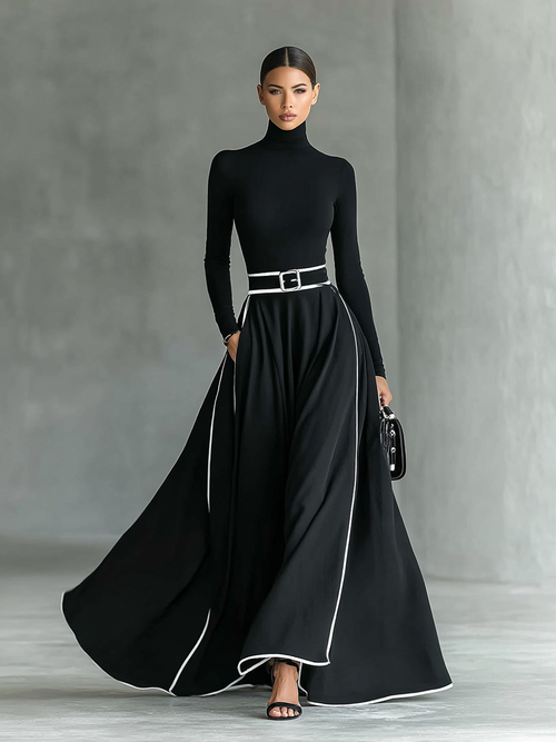 Black Long-Sleeve Turtleneck Maxi Dress