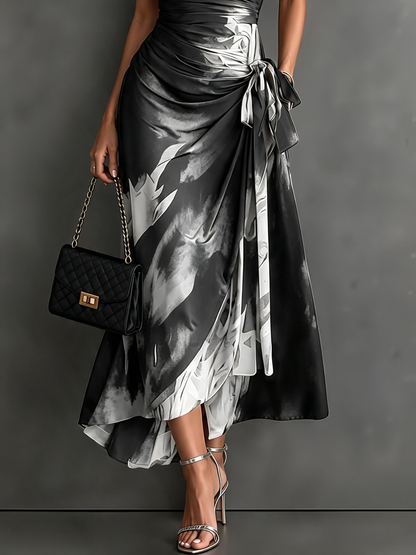 Red Black Abstract Print Wrap Midi Dress Collared V Neck Short Sleeve Tie Waist Ruffled High‑Low Hem Dress