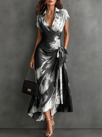 Red Black Abstract Print Wrap Midi Dress Collared V Neck Short Sleeve Tie Waist Ruffled High‑Low Hem Dress