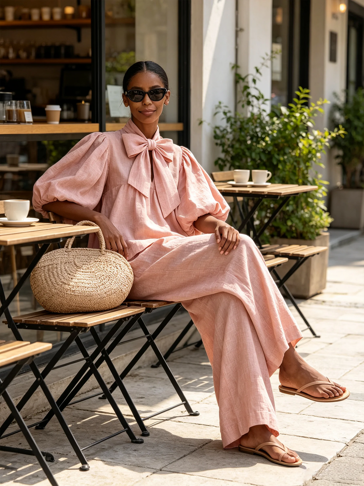 Blush Pink Linen-Blend Bow Tie Puff Sleeve Top & Wide-Leg Pants Set