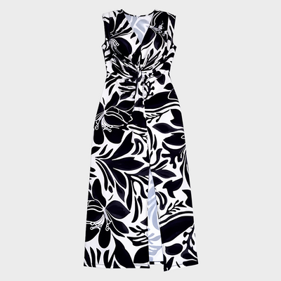 Leaf print slit pleated sleeveless slim fit dress