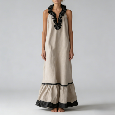 Stylish Simple Sleeveless Color-blocked Ruffled V-neck Cotton Linen Maxi Dress