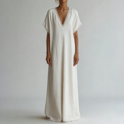 Casual Bohemian Urban V-neck Short-sleeved Lace Trim White Cotton Maxi Dress