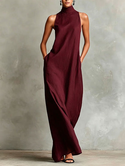 Sleeveless High Neck Linen Maxi Shift Dress