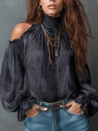 High Neck Ruffle Trim Long Sleeve Chiffon Top
