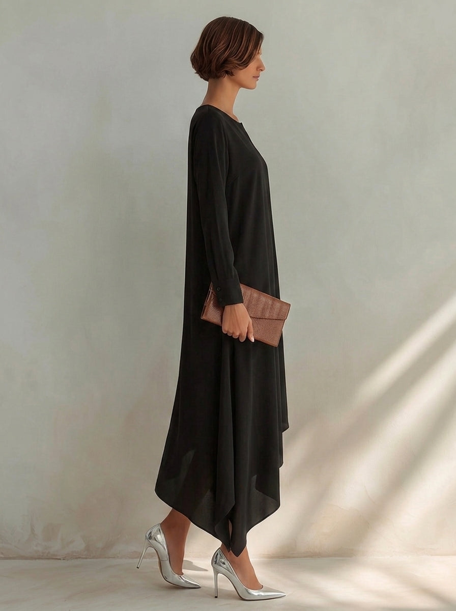 Women's Small V-Neck And Asymmetrical Hem Cotton-Blend Midi Dress