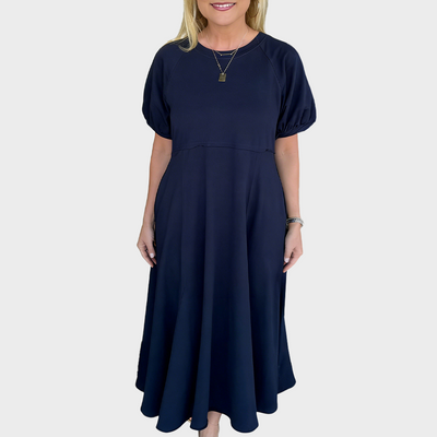 Women's Solid Color Puff Sleeve Round Neck Long Dress