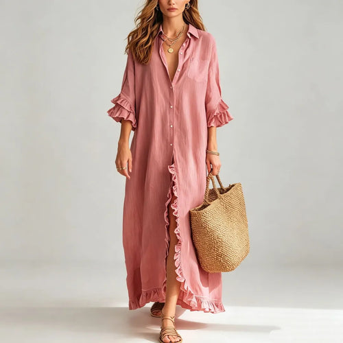 Linen Ruffle Trim 3/4 Sleeve Shirt Maxi Dress