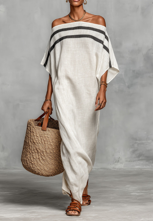 Stripe Off Shoulder Batwing Linen Maxi Kaftan Dress