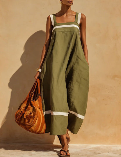 Linen Contrast White Stripe Square Neck Midi Skirt Set