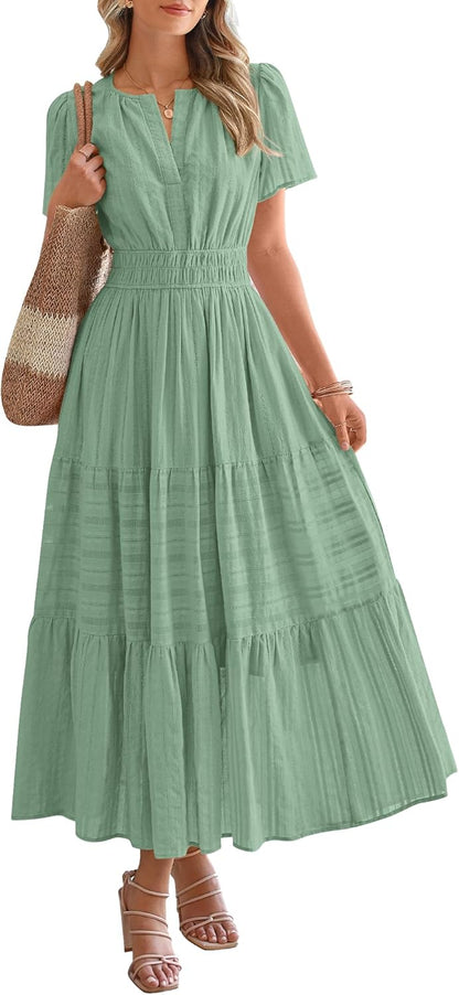 Womens Summer Lightweight Short Sleeve V Casual Midi Maxi Dresses