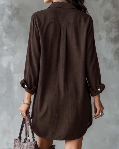 Long-Sleeved Button-Down Cotton-Linen Shirt Dress