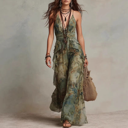 Ethereal Sage Watercolor Ruffled Dress