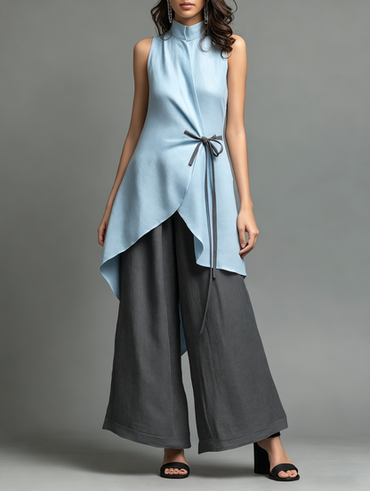 Color-block Stand-collar Lace-up Sleeveless Top + High-waisted Wide-leg Pants Cotton-linen Set