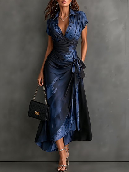 Red Black Abstract Print Wrap Midi Dress Collared V Neck Short Sleeve Tie Waist Ruffled High‑Low Hem Dress