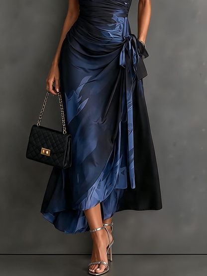 Red Black Abstract Print Wrap Midi Dress Collared V Neck Short Sleeve Tie Waist Ruffled High‑Low Hem Dress