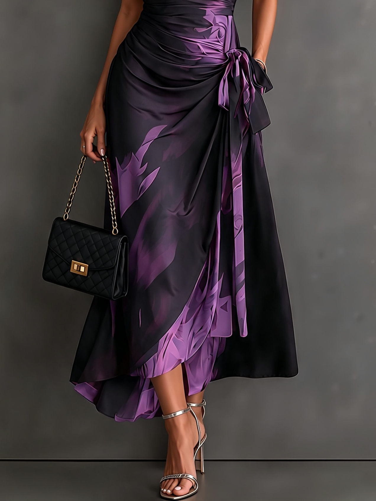 Red Black Abstract Print Wrap Midi Dress Collared V Neck Short Sleeve Tie Waist Ruffled High‑Low Hem Dress