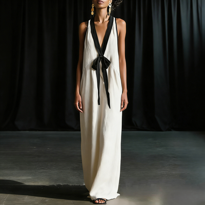 Bohemian Style White And Black Color Blocked Sleeveless V-neck Maxi Dress