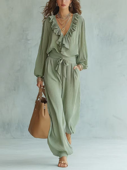 Ruffle V-Neck Long Sleeve Top & Tie Waist Wide Leg Pants Two Piece Set
