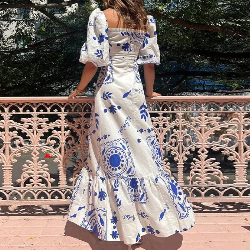 Linen Blend Unique Print Square Neck Bubble Sleeve Maxi Dress
