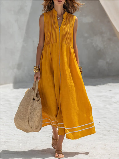 Stand Collar Pleated Zip Front Sleeveless Linen Midi Dress