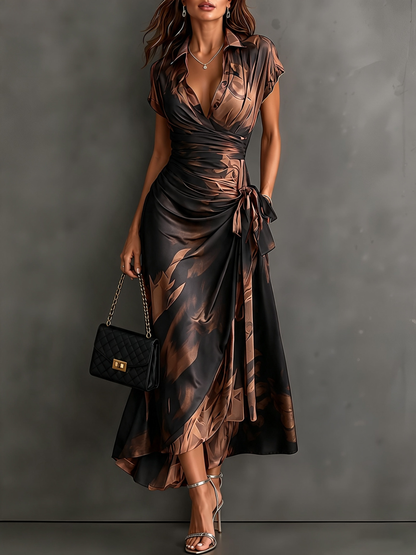 Red Black Abstract Print Wrap Midi Dress Collared V Neck Short Sleeve Tie Waist Ruffled High‑Low Hem Dress