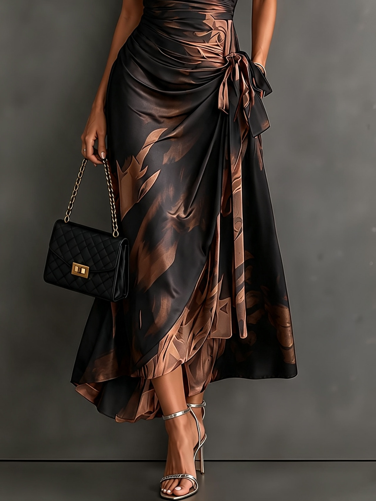 Red Black Abstract Print Wrap Midi Dress Collared V Neck Short Sleeve Tie Waist Ruffled High‑Low Hem Dress