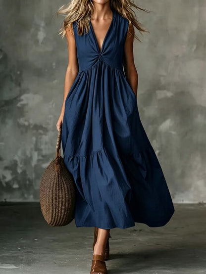 Twist Front V-Neck Sleeveless Pocket Textured Flowy Maxi Dress