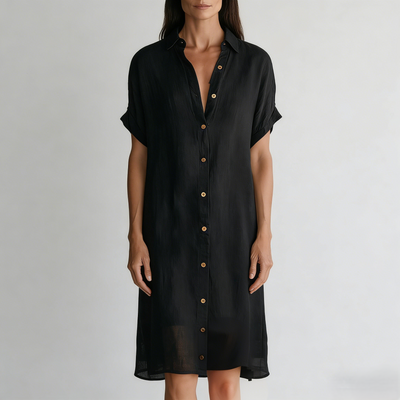 Modern Boho Effortless Black Linen Relaxed Midi Dress