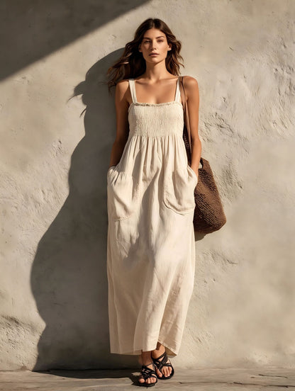 Smocked Square Neck Spaghetti Strap Pocket Linen Blend Maxi Dress