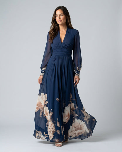 Pleated Sheer Sleeve Navy Maxi Dress