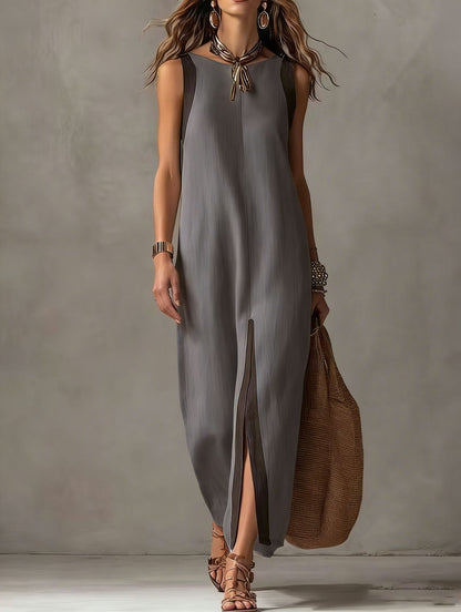 Two-Tone Color Block Sleeveless Straight Midi Dress