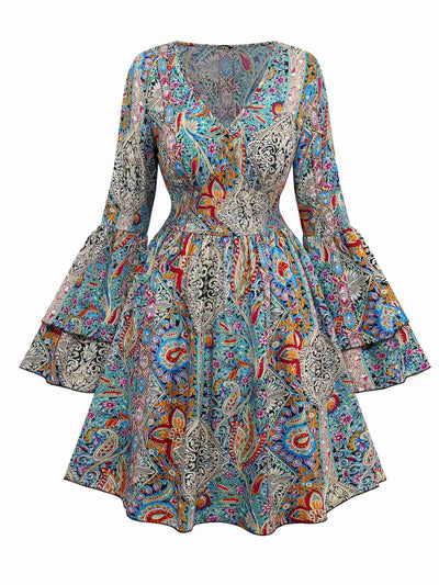 Bohemian Paisley Floral Bell Sleeve Dress