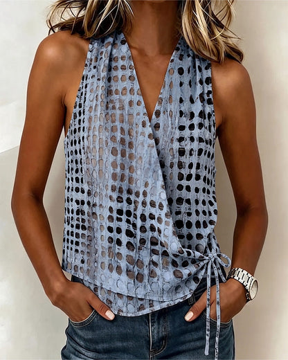 V-Neck Cross Halter Polka Dot Sleeveless Blouse