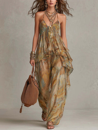 Vacation Style Printed V-Neck Watercolor Print Chiffon Halter Two-Piece Set