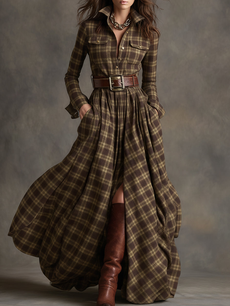 retro-ethnic-style-lapel-reddish-brown-plaid-maxi-dress - Oyrosy