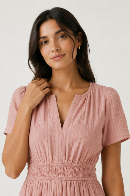 Tiered Notched Short Sleeve Dress