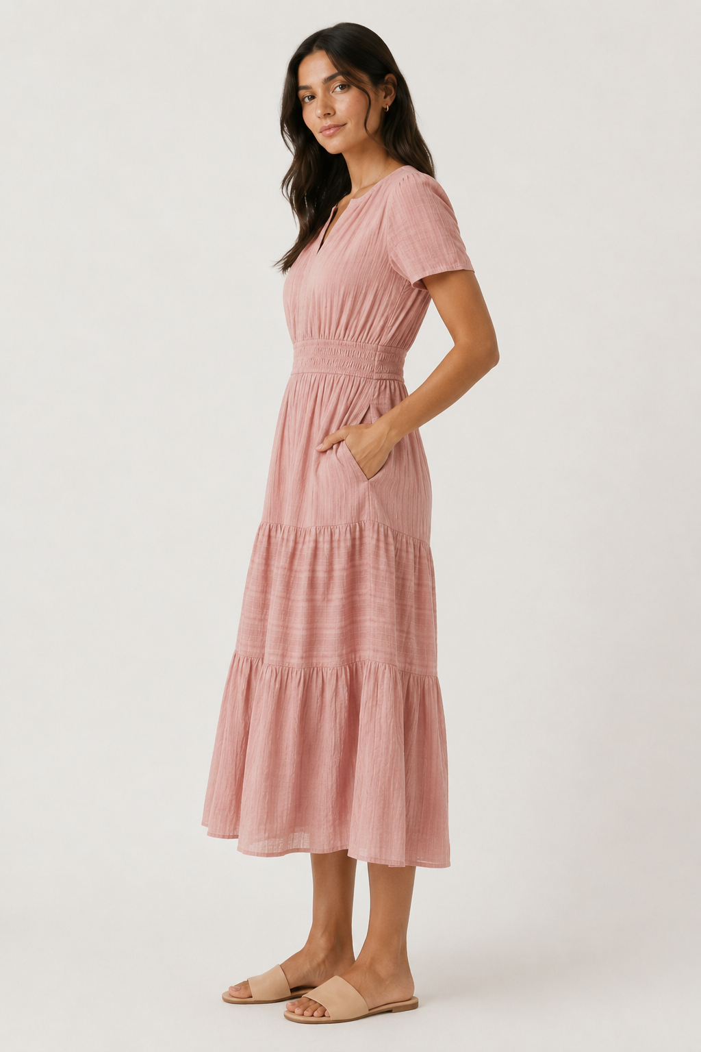 Tiered Notched Short Sleeve Dress